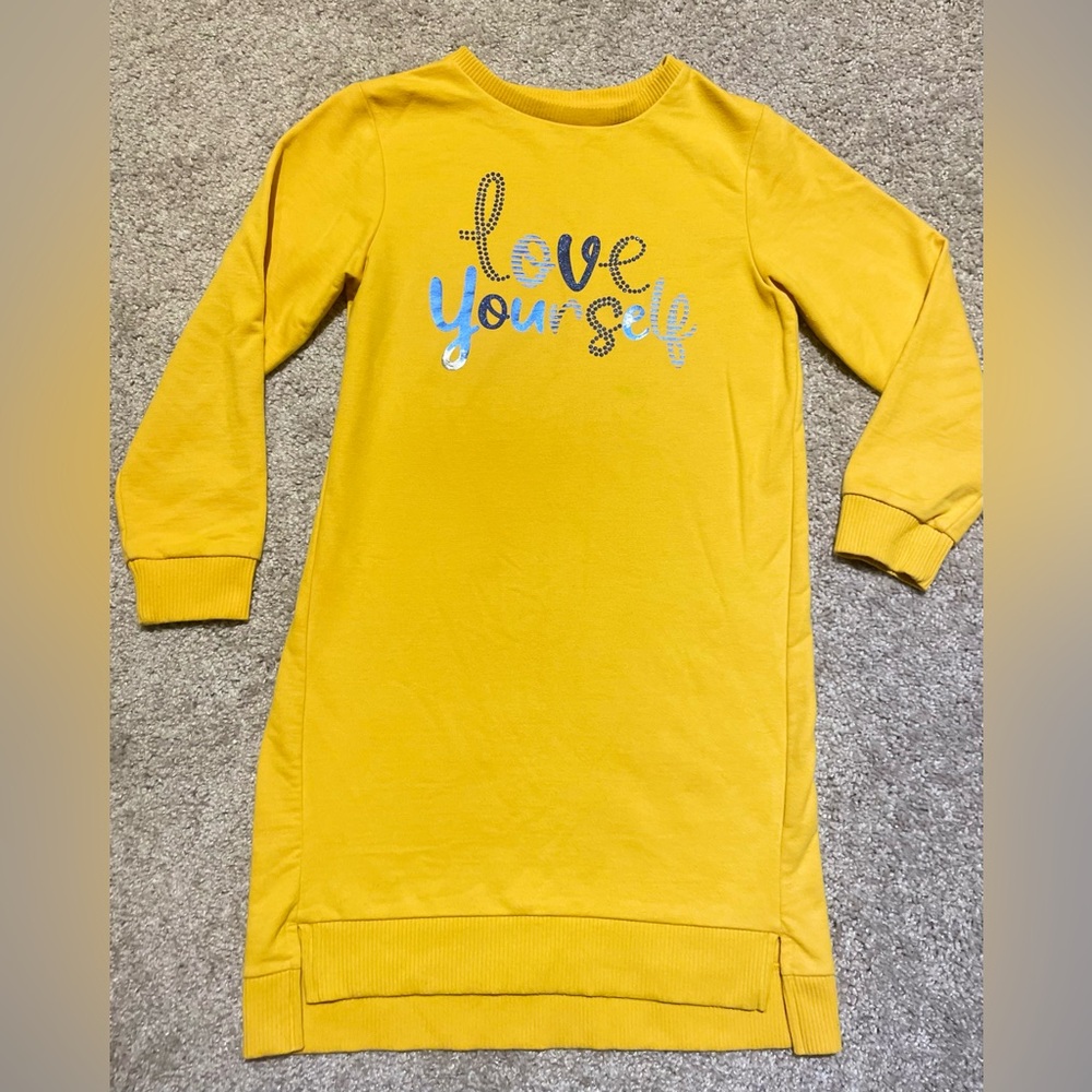 Bright yellow sweatshirt dress with sequined writing detail - girl"s 7/8